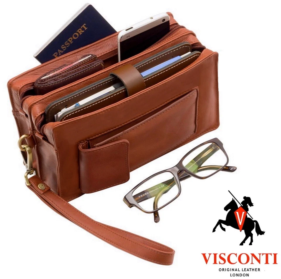 Mens Wrist Bag Travel Organiser Soft Real Leather Black or Brown Visconti New - Image 1 of 2