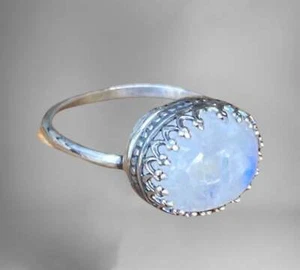 Petite Blue Fire Rainbow Moonstone Ring - Picture 1 of 2
