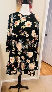 ZARA schwarz Blumenmuster Baby Puppe Minikleid Größe L Langarm Textur Stoff - Bild 1 von 4
