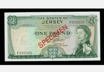 1963 JERSEY 1 Pound SPECIMEN 'UNC' {P-8s1}  @J. Clennett@ Prefix F - Image 1 of 2