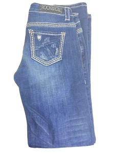 Rock & Roll Cowgirl Riding Jeans 28x34 Distressed Thick Stitch Embroidered NICE - Picture 1 of 12