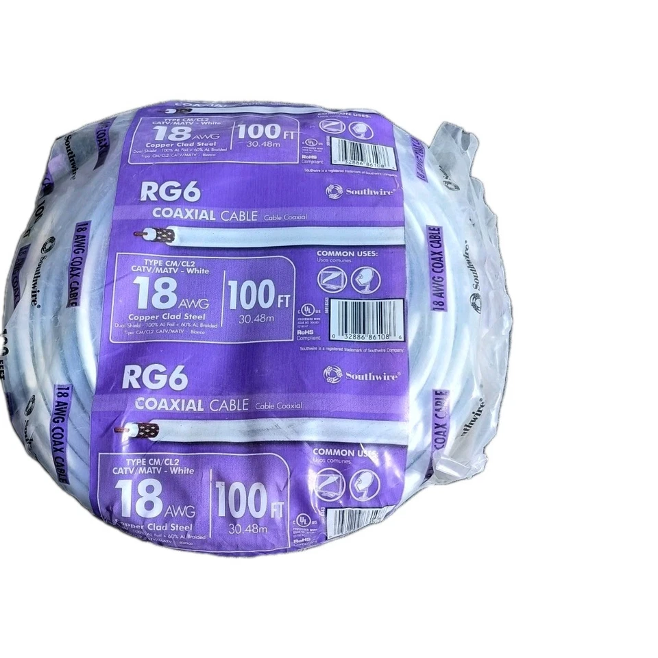 (4) Bobinas de 100 pies Southwire RG6-Doble Escudo Cable Coaxial 18 AWG Blanco Lote de 4 Foto 1 de 1