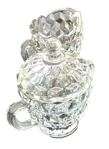 Vintage Fostoria American Glass Creamer and Sugar Bowl Set Cubist w/ Lid Clear - Picture 1 of 6