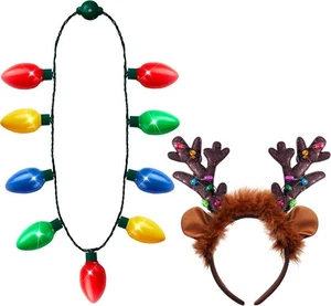 2pcs LED Necklace 9 Bulbs Reindeer Headband Christmas Costume Party Favors Set - Picture 1 of 8