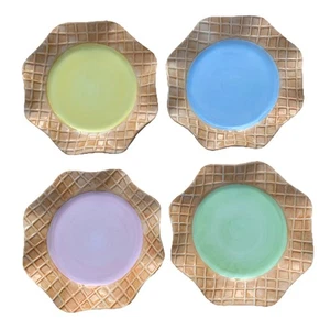 Williams Sonoma 4 Waffle Cone Ice Cream 7" Dessert Plates Pastel Colors - Picture 1 of 14