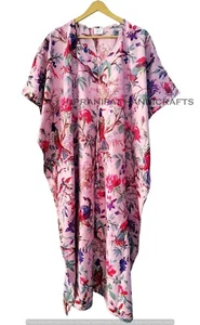 Indian Baby Pink Long Bird Print Cotton Hippie Maxi Women Nightwear Caftan Dress - Picture 1 of 6