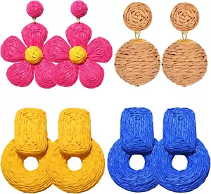 4 Pairs Raffia Earrings Boho Rattan Hoop Dangle Earrings for Women Handmade S... - Picture 1 of 1