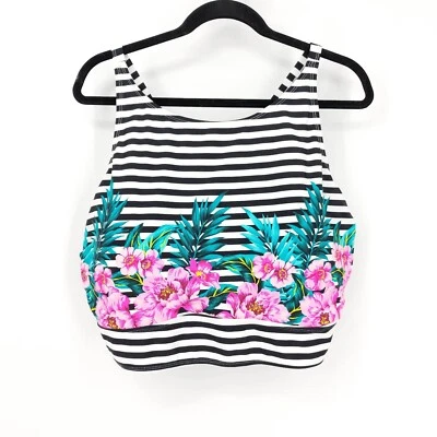 Top de bikini de natación inalámbrico con cuello alto floral a rayas tórridas negro blanco para mujer 5 5X Foto 1 de 4