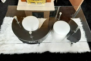 Black glass coffee table with 2 white stools. - Picture 1 of 7