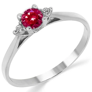 14K Solid White Gold Lab Created Ruby Three Stone Engagement Promise Ring - Picture 1 of 4