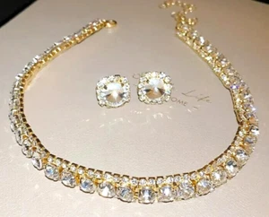 Stunning Gold RHINESTONE Choker Betsey Johnson Statement Necklace & Earrings SET - Picture 1 of 4