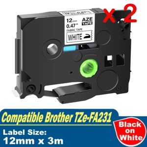 2x Generic Fabric Label Tape for Brother TZe-FA231 P-Touch 12mm Black on White - Picture 1 of 1