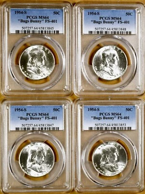 1954-S PCGS MS64 FS-401 Bugs Bunny Franklin Half Dollar - 100% Blazing White - Image 1 of 2