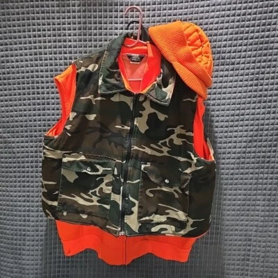(3pc) Hunting Set Reversible Vest XXL Insulated Hat High Visibility Orange Camo  - Image 1 of 4