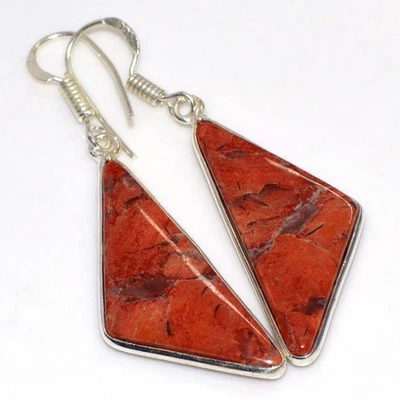 Pendientes hechos a mano enchapados en plata 925 de jaspe rojo 2" joyería gruesa GW Foto 1 de 3