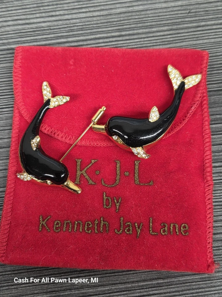 2 broches y pasador Kenneth Jay Lane KJL esmalte negro delfines pedrería Foto 1 de 2