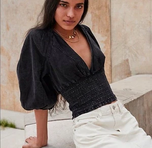 Free People Pamela Jeansbluse schwarz Acid Wash Large Boho Top 1 mal getragen - Bild 1 von 13