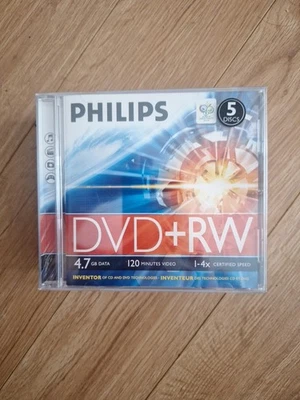 5 x Philips DVD+RW 4.7GB Data 120 Mins Video 1-4x Certified Speed, NEW, SEALED - Image 1 of 4