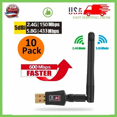 10 x AC600 Mbps Dual Band 2.4/5Ghz Wireless USB WiFi Network w/Antenna 802.11 - Image 1 of 4