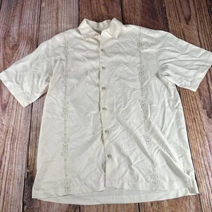 Tommy Bahama Shirt Mens Large Ivory Embroidered Hawaiian Silk Short Sleeve - Picture 1 of 7