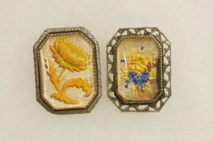 Antique Jewelry Victorian Reverse Carved Glass Hand Painted Floral Brooch Pins - Picture 1 of 5