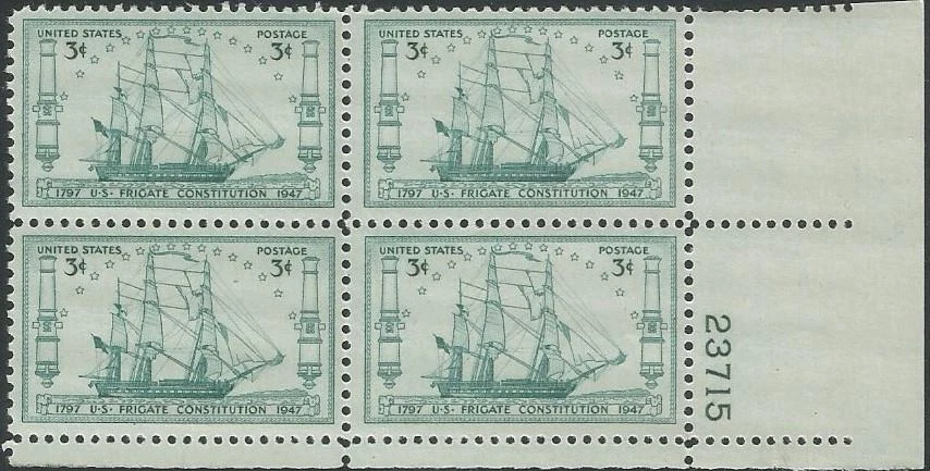 Plate Block of 4 stamps - Scott 951 - 3 cent - Frigate Constitution 1947 - MNH - Image 1 of 1
