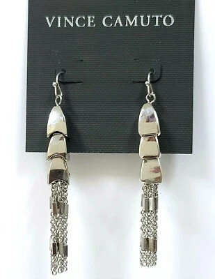 NEW VINCE CAMUTO SILVER TONE STACKING BLOCKS+CHAIN FRINGE DANGLING EARRINGS  - Image 1 of 3