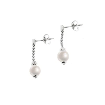 Orecchini lunghi argento 925 rodiato con perle naturali 6 mm gioiello elegante - Immagine 1 di 4