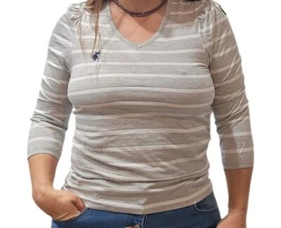 U.S. Polo  Assn Womens M Gray White Striped 3/4 Sleeve V Neck Top Shirt EUC - Image 1 of 4