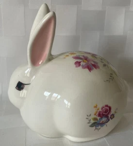 Vintage Vanity BUNNY RABBIT Porcelain Cottonball Dispenser FLORAL BOUQUET - Picture 1 of 15