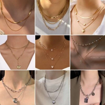 Collar Gargantilla Colgante Corazón Punk Multicapa Acero Inoxidable Cadena Mujer Regalo Foto 1 de 4