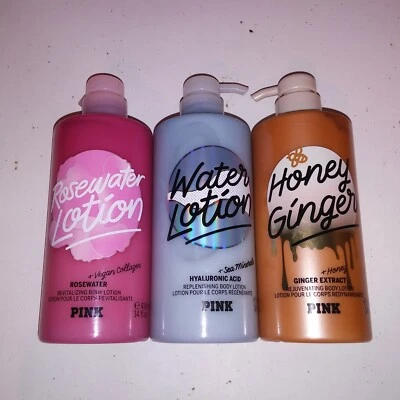 Set of 3 Victoria Secret PINK Lotion Assorted Water Lotion Honey Ginger Rosewate - Image 1 of 4