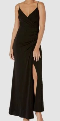 $385 Nicole Miller USA Women Black Stretch V-Neck Sleeveless Ruched Gown Dress 2 - Image 1 of 2
