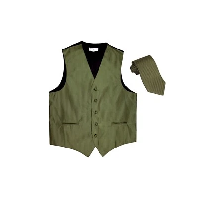 New Men's Tuxedo Vest Waistcoat Vertical Stripes Necktie prom party Olive Green - Image 1 of 3