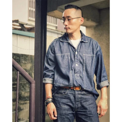 Denim Shirt Jacket Unisex American Retro Landanin Long Sleeve Turtleneck Coat - Image 1 of 4