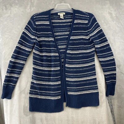 Cárdigan Orvis para mujer talla S azul blanco a rayas mezcla de lino grueso tejido frente abierto Foto 1 de 4