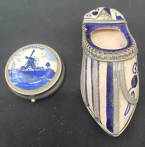 VINTAGE NIEDERLÄNDISCHES SET: DEKOSCHUH UND TRAGBARER ASCHENBECHER (PORZELLAN + METALL) v/g - Bild 1 von 5