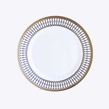 10 White 9" Round Plastic Salad Dinner Plates Navy Blue Gold Chord Rim Party