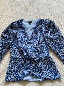 Express Women Sheer Leopard Print Long Sleeve Pullover Wrap Blouse Blue Size S - Picture 1 of 11