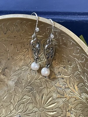 Pendientes colgantes Art Nouveau/Art Deco perla sintética plata calados nupciales Foto 1 de 4