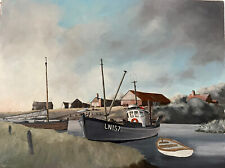 Original Gouache painting estuary fishing boat