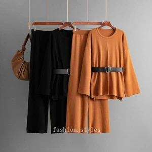 Moda Traje Mujer Invierno Nuevo Tejido Cinturón Top Suelto Cintura Alta Pierna Ancha Pantalones - Imagen 1 de 28