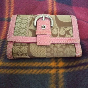 Coach trifold wallet brown pink canvas leather card slots - Picture 1 of 5