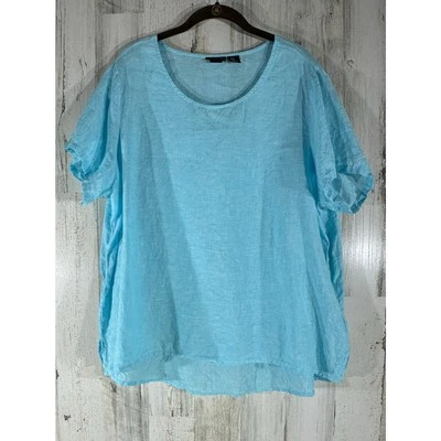 Tahari Linen Tunic Top Size 1X Aqua Blue Scoop Neck 100% Linen Boxy High Low Hem - Image 1 of 4