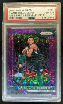 2018-19 Prizm Giannis Antetokounmpo Prizms Fast Break Purple #48/75 Bucks PSA 10 - Image 1 of 2