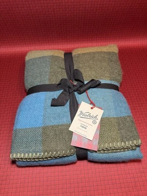 Woolrich 超大毛毯羊毛/丙烯酸 50x70 英寸蓝色和绿色格子全新带标签 — 第 1/4 张图片