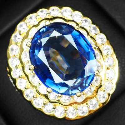 СКАЗОЧНЫЙ КОРОЛЕВСКИЙ СИНИЙ САПФИР 10,97 КАРАТ 925 ПРОБЫ 24K ЗОЛОТО КОЛЬЦО РАЗМЕР 7,75 - Изображение 1 из 4