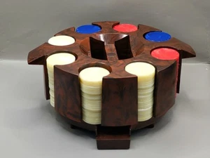 Vintage Poker Chip Token Carousel Brown Marbled Plastic Holder w/200+ CHIPS - Picture 1 of 7