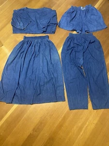 Vtg 80s Gene Ewing Bis Wrinkled Rich Denim Maxi Skirt Shorts Shirt Pants Set S M - Picture 1 of 15