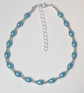 TURQUOISE BLUE BEADED PEARL ANKLE BRACELET ANKLET 9.5 " + EXT 003 - Picture 1 of 3
